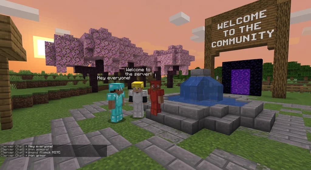 Minecraft players gathering in a community spawn hub with a fountain and cherry blossom trees, representing a welcoming server community.