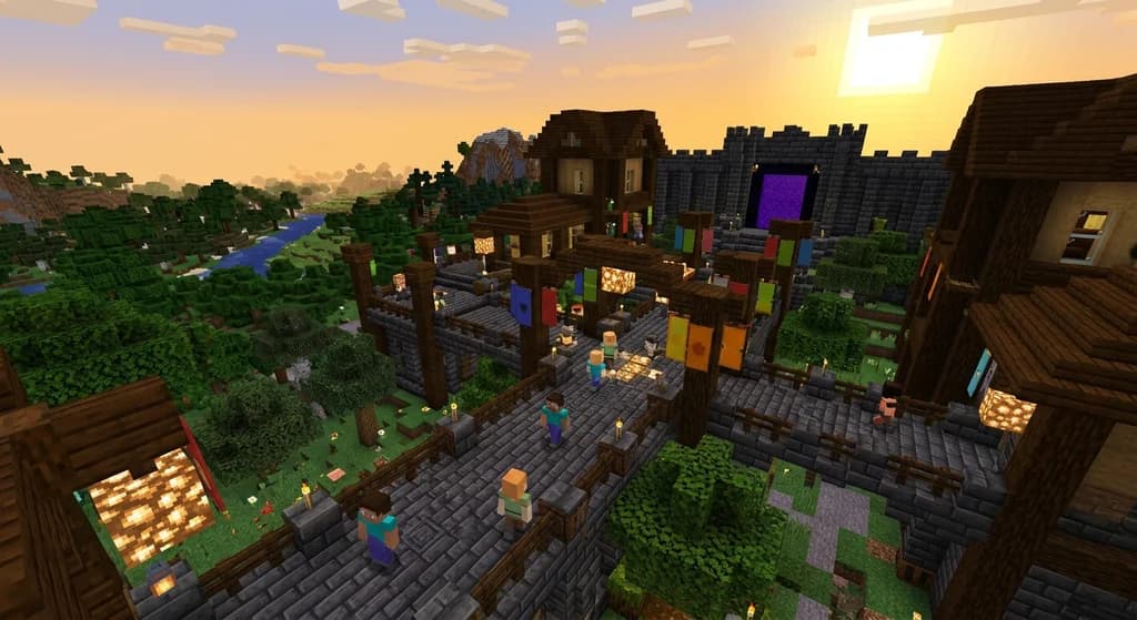 A Minecraft SMP server spawn hub built from deepslate and dark oak with multiple player skins, glowing banners, a nether portal, and a vast forested landscape at golden hour