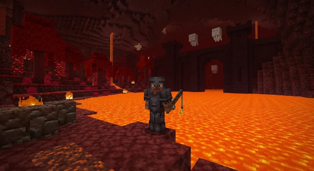 Minecraft player fishing in a lava lake in the Nether with a fishing rod