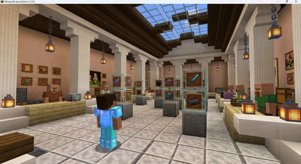 A Minecraft player browsing floating item displays inside a quartz and dark oak auction house, representing item flipping strategies.