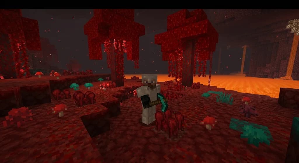Player mining nether wart blocks in a crimson forest with a diamond hoe.