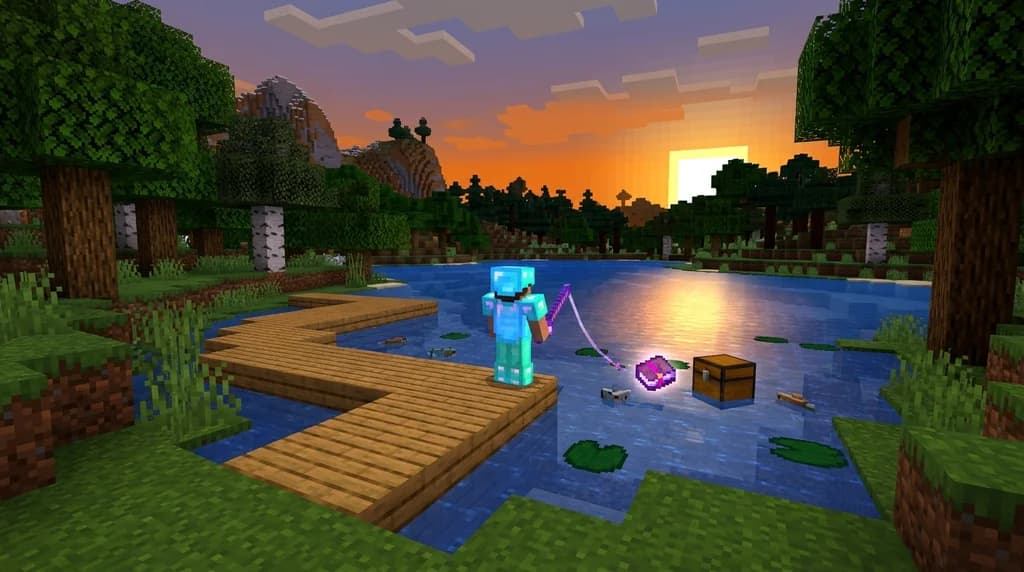 Minecraft player fishing from a wooden dock at sunset, with enchanted books and treasure items emerging from the water, surrounded by oak trees and lily pads