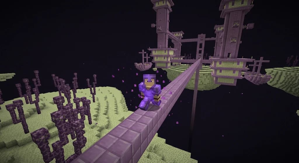 A hardcore Minecraft player in netherite armor bridging across the end void toward an end city to retrieve an elytra.