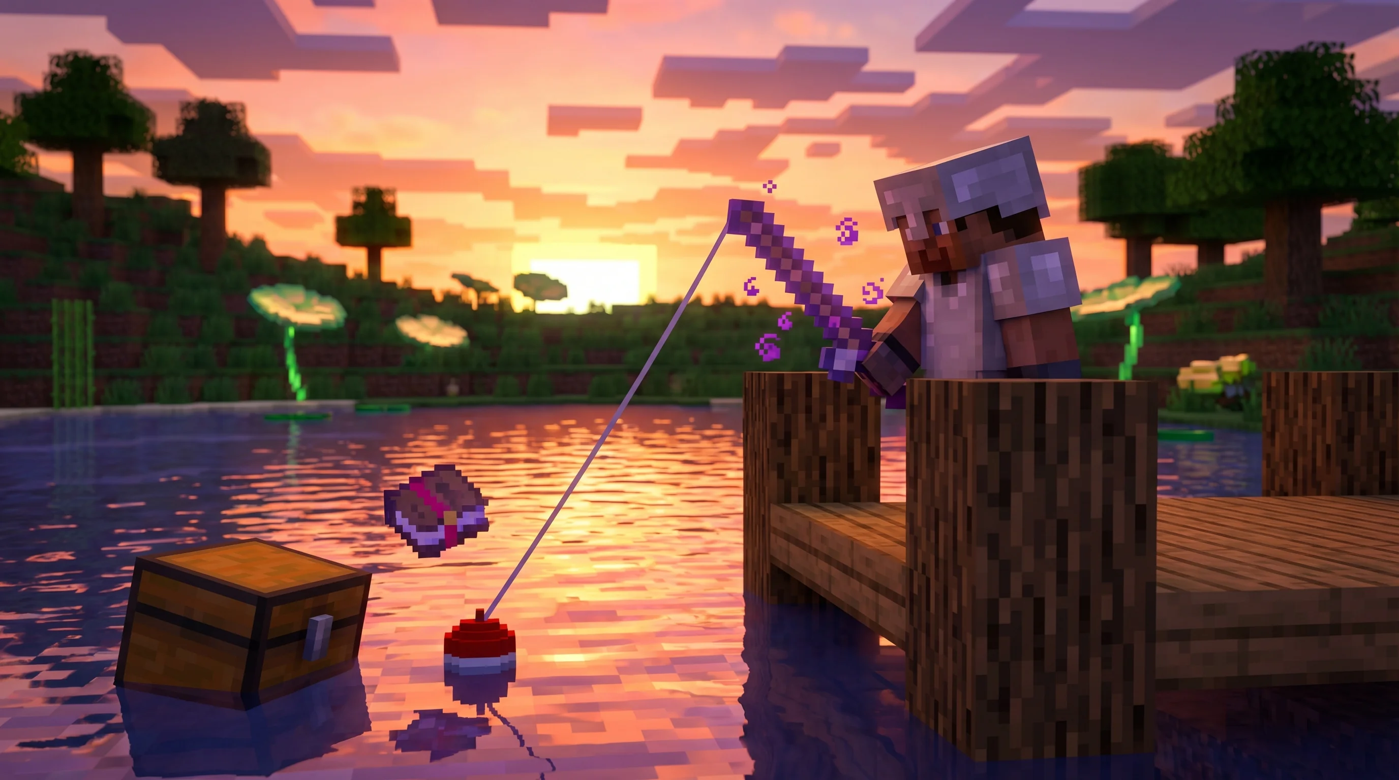 Minecraft player fishing from a wooden dock at sunset with an enchanted rod, treasure items floating near the bobber in a lush biome lake
