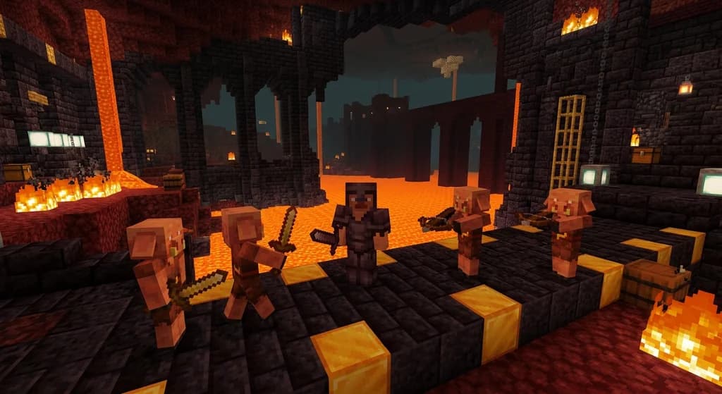 Minecraft player inside a bastion remnant built from blackstone and gilded blackstone with a nether fortress visible across a lava sea in the background