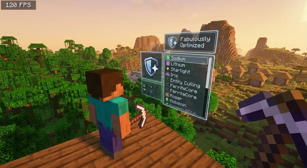 Minecraft player standing in a lush jungle with a futuristic holographic interface displaying Fabulously Optimized modpack details and a high FPS counter.