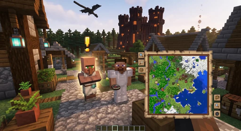 A Minecraft player in a modded MMO village with a quest NPC and a dragon in the distance.