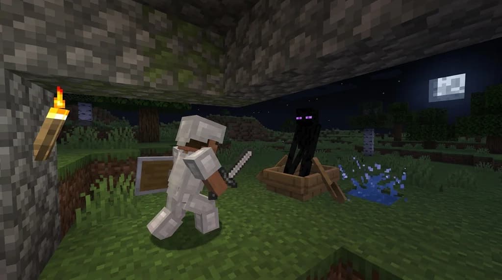 Minecraft hardcore player safely attacking an Enderman trapped in a boat under a protective ceiling.