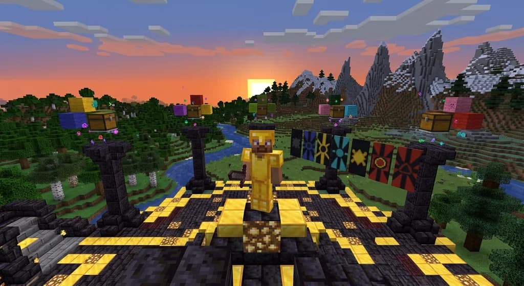 A Minecraft player in golden armor on a polished blackstone server spawn platform surrounded by floating reward chests and season pass tier banners, with forests and mountains in the background at sunset.