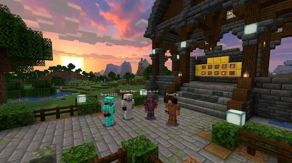 A Minecraft SMP server spawn hub with a glowing rank board made of gold blocks and item frames, players in custom armor standing on a polished deepslate plaza at sunset.
