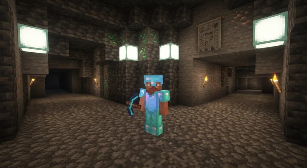 A Minecraft RPG player in diamond armor grinding skills inside a massive deepslate mining chamber lit by sea lanterns, with ore veins and glowing skill banners on the walls