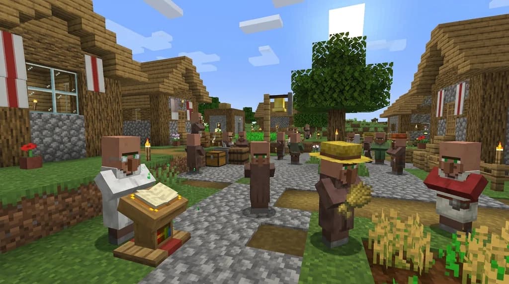 A Minecraft villager restocking at a wooden lectern with green particles, surrounded by other villagers and storage chests by a village square