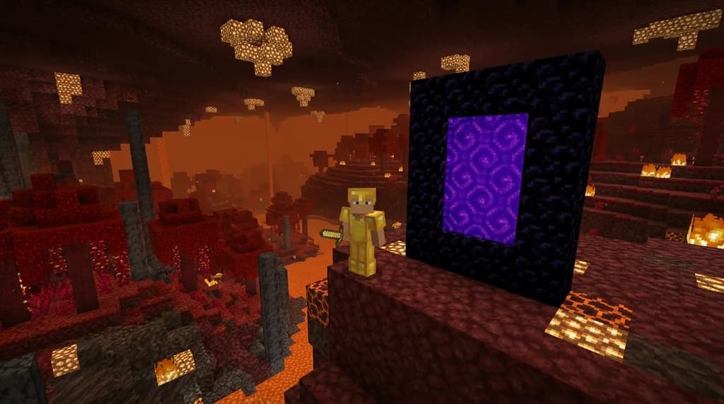 Minecraft speedrunner standing at an obsidian blind portal frame on a netherrack plateau with a glowing purple portal, surrounded by a crimson nether landscape with basalt columns and glowstone clusters