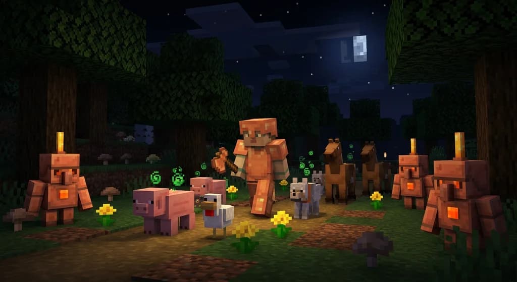 Minecraft player escorting a group of age-locked baby mobs through a dark forest at night, flanked by Copper Golems and glowing Golden Dandelions with green stasis particles