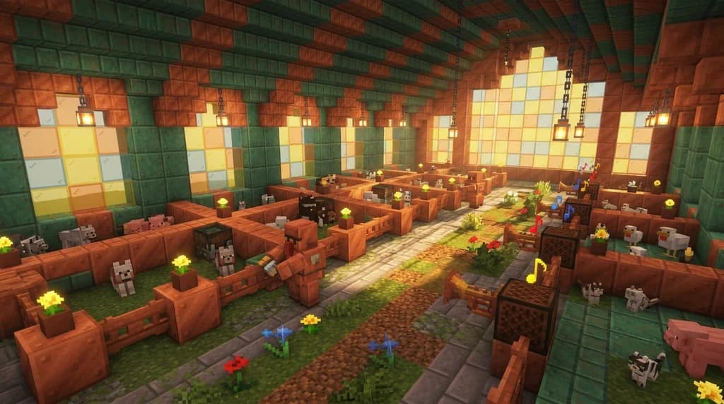 A cinematic Minecraft copper nursery hall filled with age-locked baby mobs, active Copper Golems, and oxidized trumpet note blocks glowing with musical signals under warm golden light