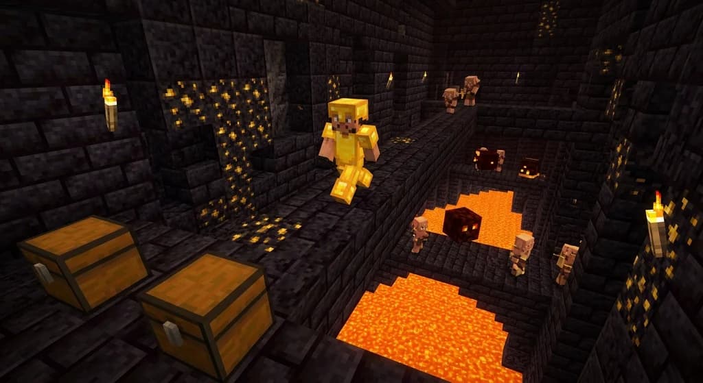A Minecraft player in gold armor speedrunning through a blackstone bastion remnant with glowing chests, piglins, and a lava lake below