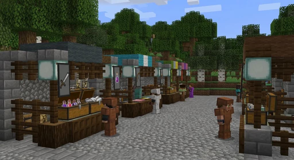 A Minecraft MMORPG server marketplace with profession stalls, potion chests, custom armor players, and sea lantern lighting in a stone brick town square