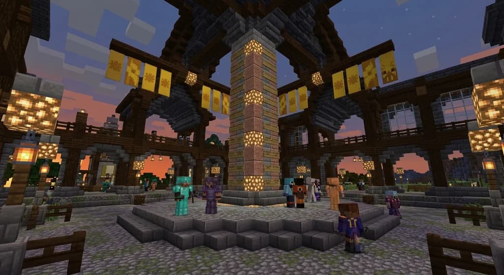 A grand Minecraft server spawn hub with a prestige leaderboard pillar, tiered stone platforms, players in custom armor, deepslate architecture, and golden banners at dusk.