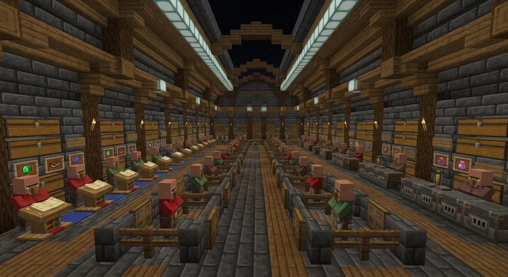 A Minecraft trading hall built from deepslate and oak planks, lined with rows of profession-block villagers including librarians, blacksmiths, and clerics, lit by sea lanterns.