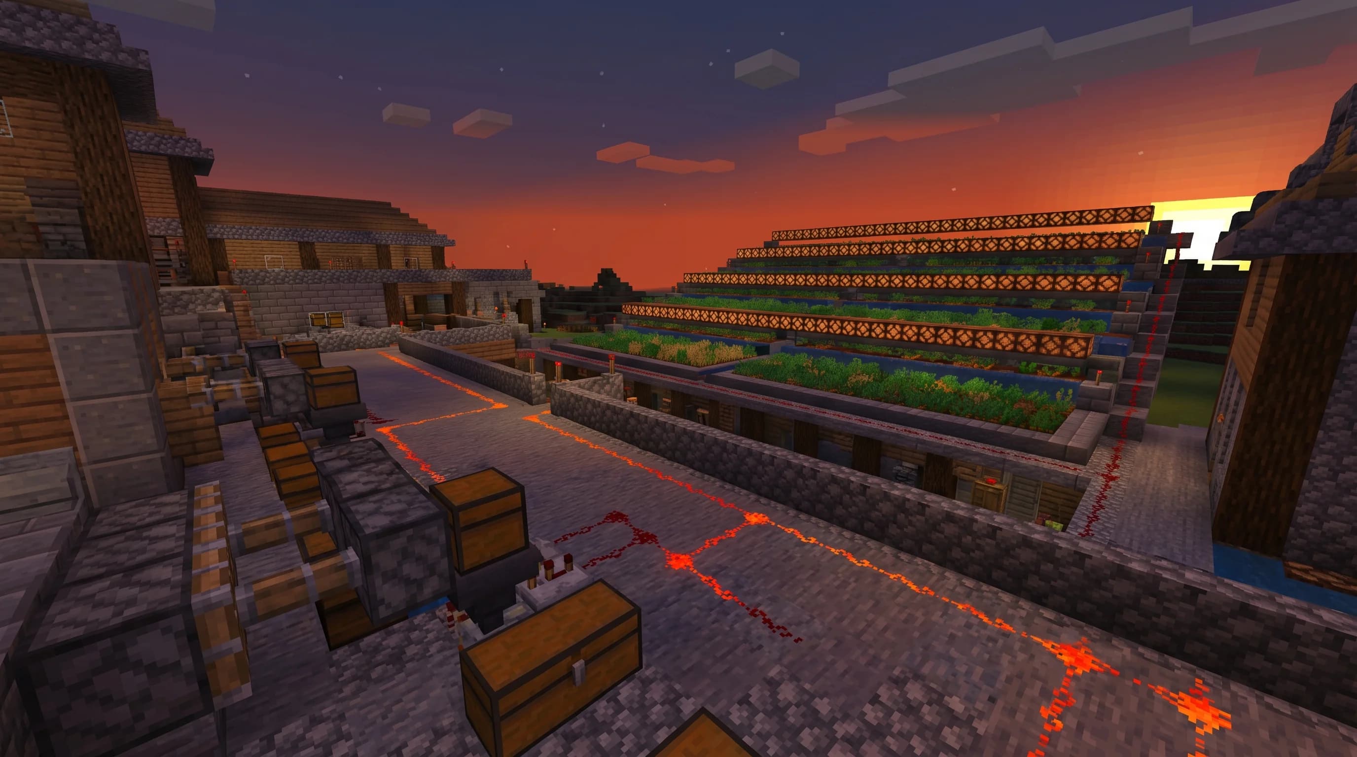 A Minecraft survival base at dusk with glowing redstone dust trails, pistons, hoppers, and an automated farm lit by redstone lamps