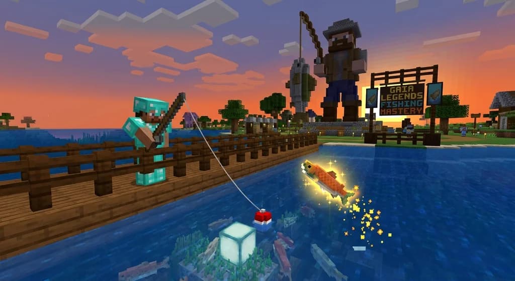 Player fishing from a Gaia Legends pier with a special glowing fish jumping out of the water