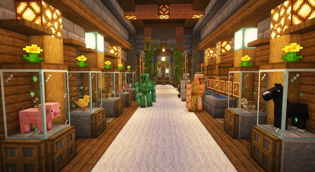 A Minecraft baby mob museum hall with Golden Dandelion age-frozen specimens in glass cases and a Copper Golem automation system in the background