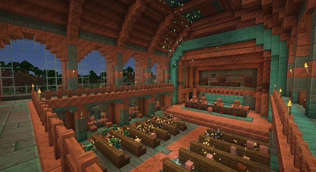 A Minecraft copper concert hall filled with age-frozen baby mobs and Copper Golems pressing note block buttons, surrounded by oxidized copper trumpets glowing in warm light