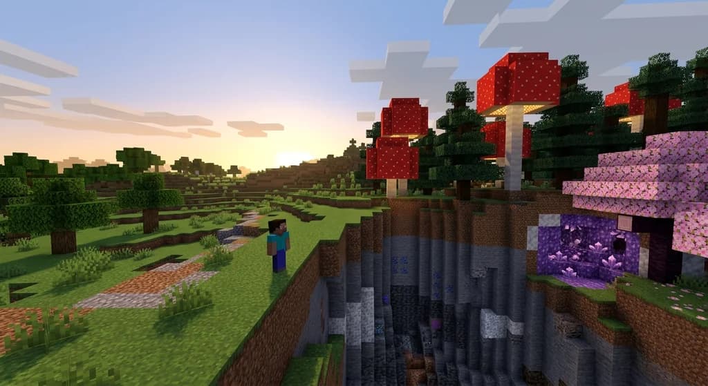 A Minecraft player overlooking a terrain border where vanilla plains transition into a lush modded forest with new biomes and exposed ores.