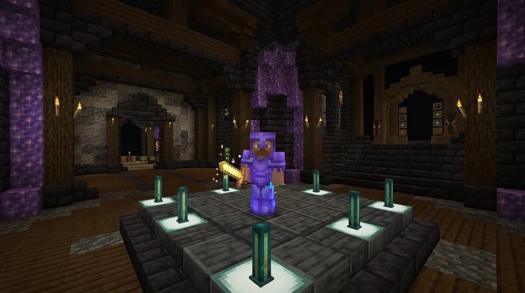 A Minecraft player in glowing legendary netherite armor standing on a deepslate altar inside a grand server hub built from polished blackstone and amethyst, holding a legendary enchanted sword with particle effects