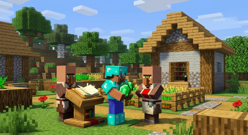 Minecraft player trading with librarian villager for Mending enchanted book in a village setting.