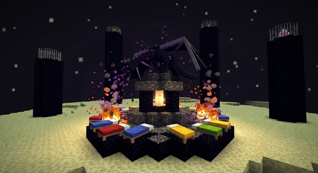 Minecraft Ender Dragon perched on the End fountain with beds placed around its head for a one cycle speedrun attempt, explosions lighting up the End dimension