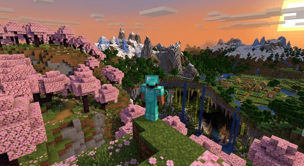 Minecraft player overlooking a vast, high-view-distance landscape optimized for 144Hz monitors.