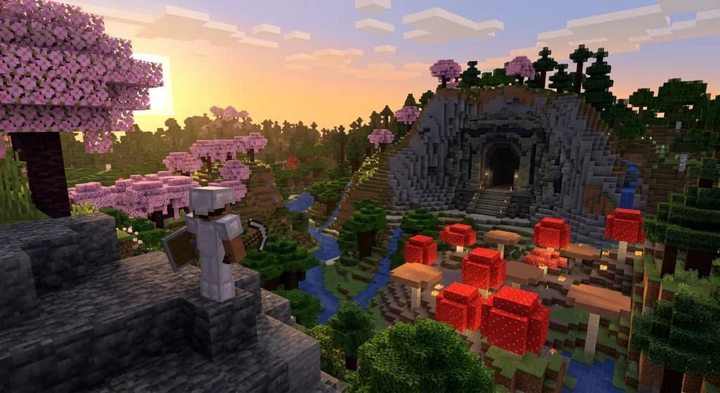 A sweeping Better Minecraft modpack landscape featuring custom biomes with sakura trees, glowing mushroom groves, and a deepslate dungeon entrance at golden hour