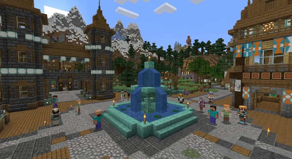 A Minecraft multiplayer server spawn hub built from deepslate and prismarine with multiple players gathered around a central fountain, colorful banners, and a mountain landscape in the background.