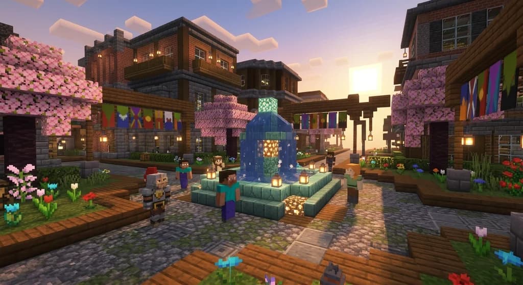 A Minecraft multiplayer server spawn hub built from deepslate and oak planks with sea lanterns, multiple player characters gathered at a prismarine fountain, cherry blossom trees and banners under golden hour lighting