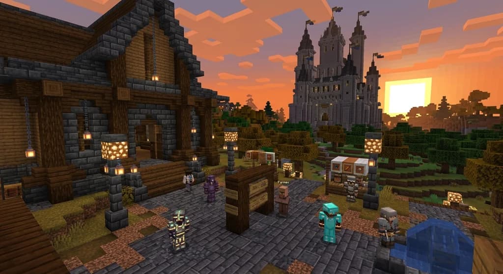 A Minecraft RPG server spawn hub with deepslate architecture, armored player characters, quest NPCs, and a castle in the background at sunset