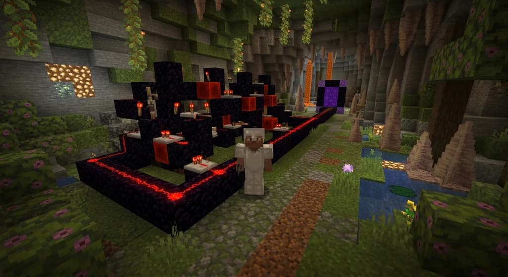 Minecraft player setting up port forwarding visualized as redstone circuits connecting to a Nether portal.