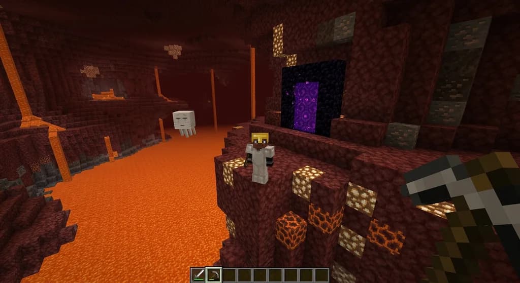 A Minecraft hardcore player in iron armor with a gold helmet standing at a glowstone cliff edge in the Nether, lava lakes below and a ghast in the distance, obsidian portal glowing behind them