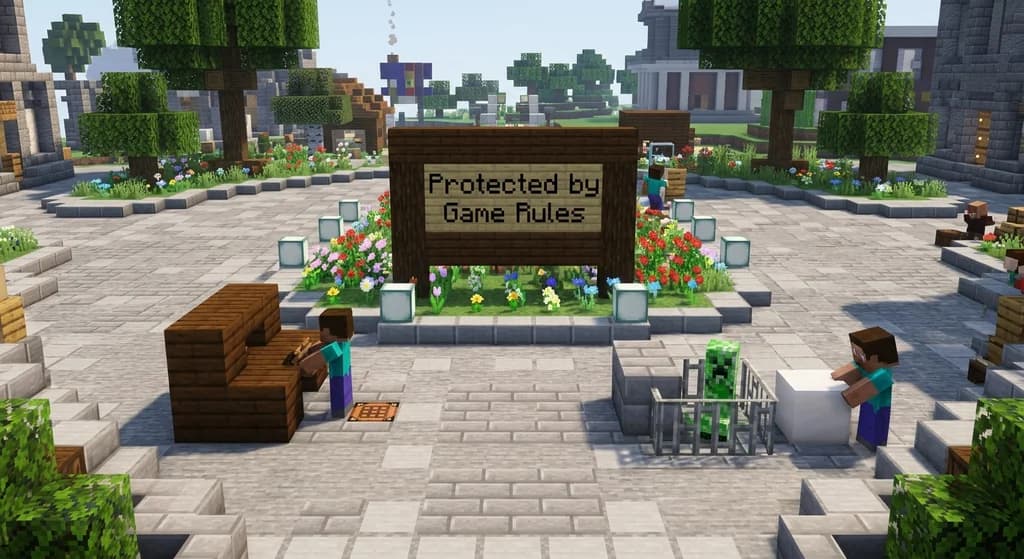 Minecraft server spawn area with a protective sign, active players, and a caged creeper symbolizing anti-grief measures.