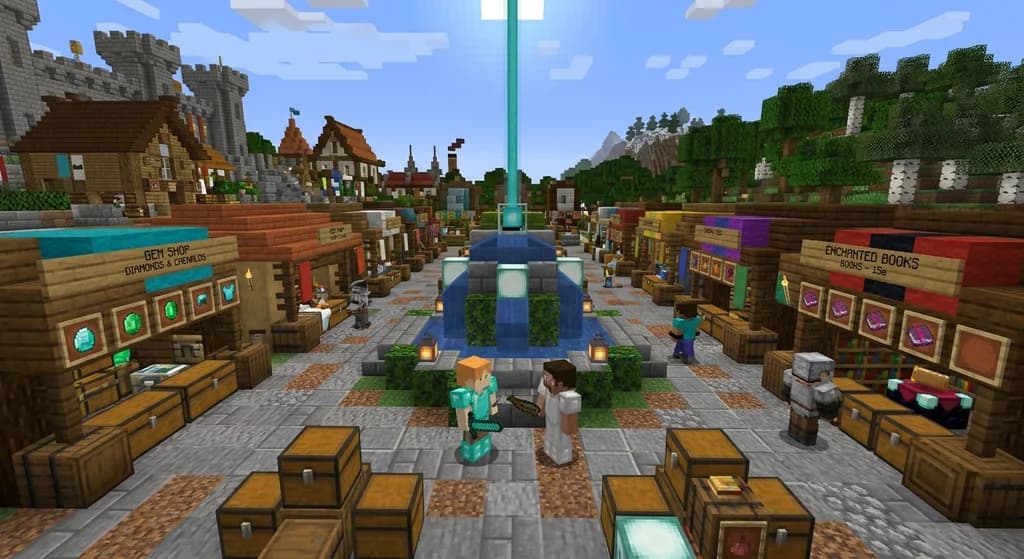 Minecraft player economy market with players and shop stalls