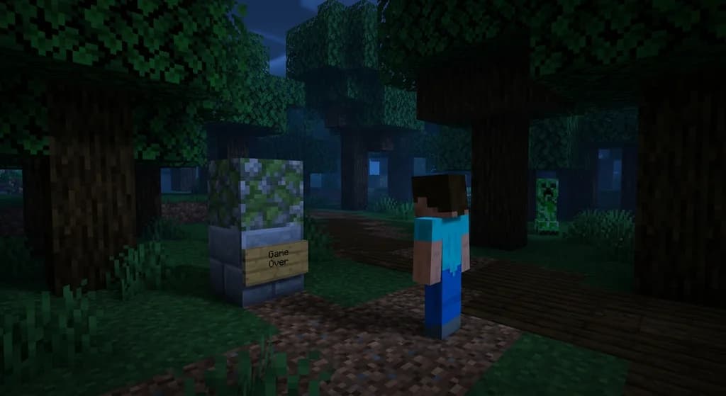 Player standing before a hardcore death gravestone in Minecraft at night.