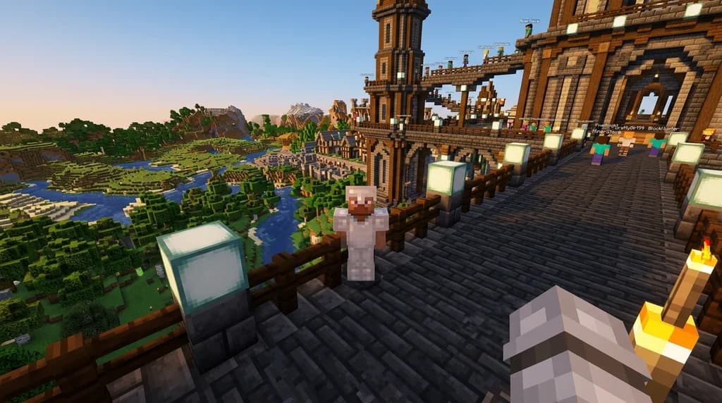 Minecraft multiplayer server spawn hub built from deepslate and dark oak with sea lanterns, many players visible, optimized landscape stretching to the horizon at golden hour