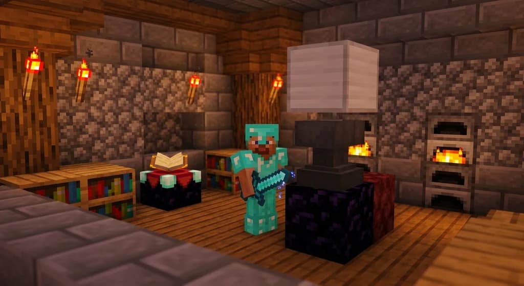 Player at a reforging anvil with a glowing diamond sword, obsidian and netherite blocks, enchanted forge room.