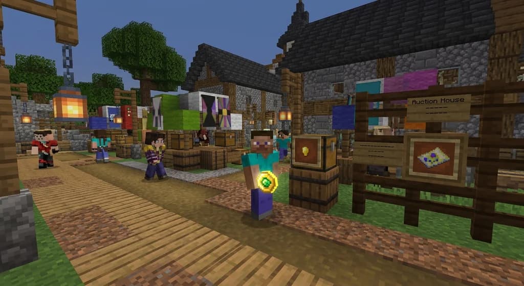 Minecraft market scene with a player holding a custom currency coin in front of chest shops and other players, illustrating a custom economy mod setup.
