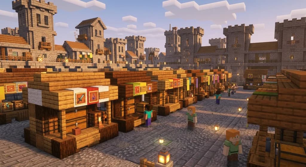 A bustling Minecraft player market with rows of chest shops made from oak planks and spruce wood, illuminated by sea lanterns, cobblestone paths between stalls, and a stone brick city skyline in the background at golden hour.