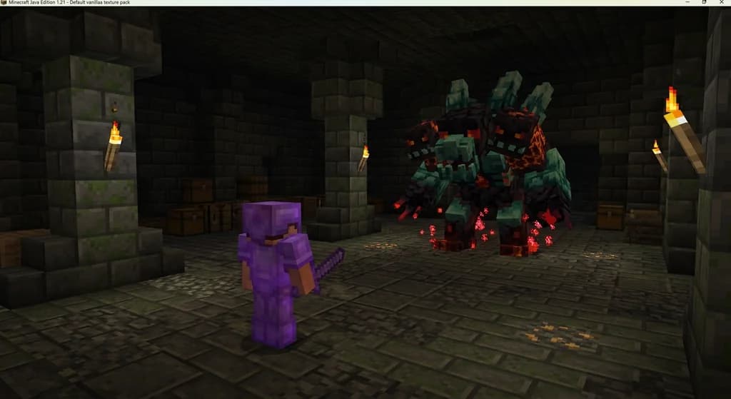 A lone Minecraft player in enchanted netherite armor facing a towering elite dungeon boss inside a deepslate brick chamber with torches and loot chests