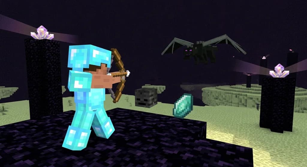 Minecraft player preparing to fight all three bosses in a speedrun, with Ender Dragon, Wither skull, and prismarine shard icons.