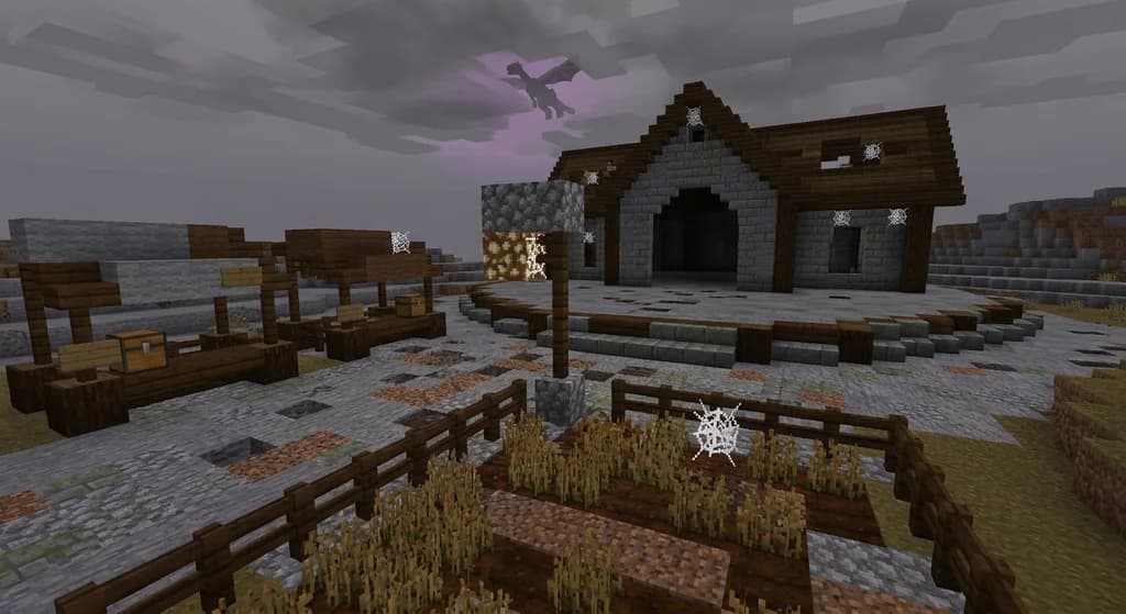 An abandoned Minecraft server spawn area with cracked stone and cobwebs, symbolizing a dying server.