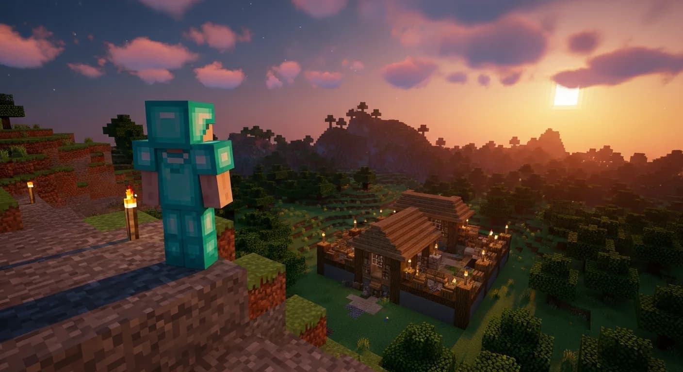 A Minecraft hardcore player in diamond armor surveying their base after surviving 100 days, dramatic sunset lighting over a fortified survival world