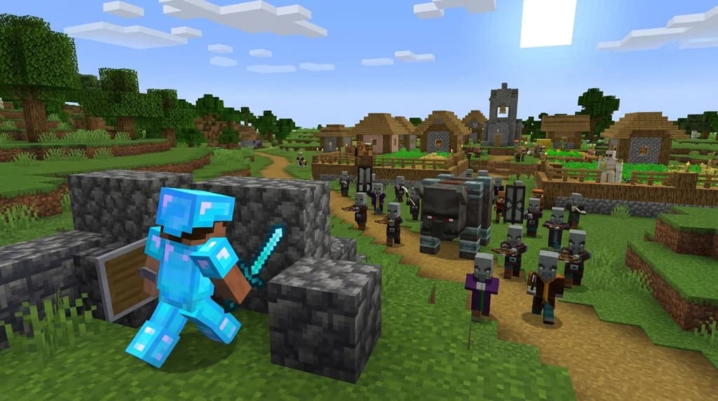 Player defending a village from a pillager raid in hardcore Minecraft, with a ravager and pillagers approaching